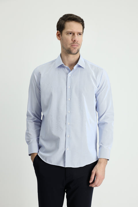 Light Blue Long Sleeve Slim Fit Narrow Cut Classic Striped Cotton Easy Iron Shirt