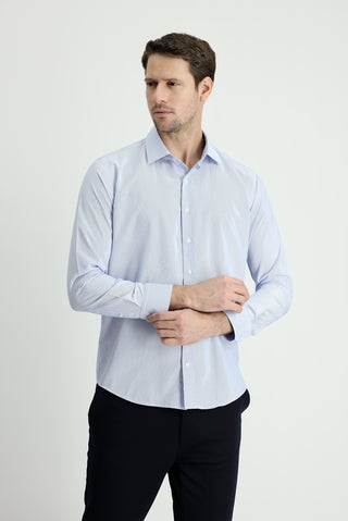  Açık Mavi Uzun Kol Slim Fit Dar Kesim Klasik Çizgili Pamuklu Kolay Ütülenebilir Gömlek