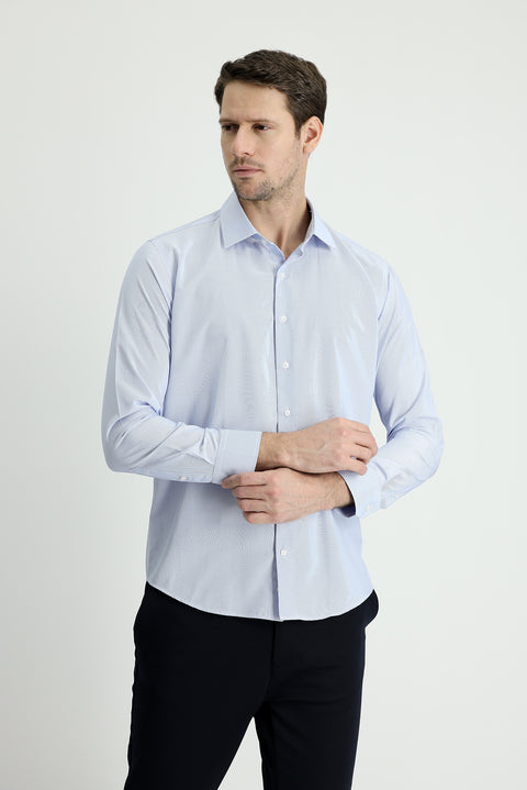 Light Blue Long Sleeve Slim Fit Narrow Cut Classic Striped Cotton Easy Iron Shirt
