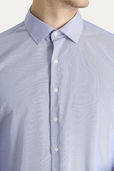 Dark Blue Long Sleeve Slim Fit Narrow Cut Classic Striped Cotton Easy Iron Shirt