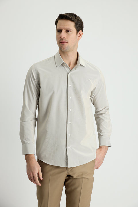Medium Beige Long Sleeve Slim Fit Narrow Cut Classic Striped Cotton Easy Iron Shirt