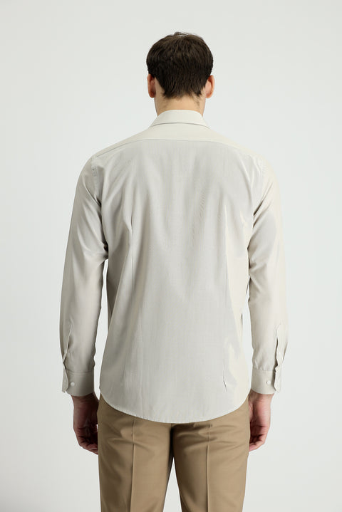 Medium Beige Long Sleeve Slim Fit Narrow Cut Classic Striped Cotton Easy Iron Shirt