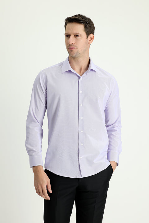 Lila Uzun Kol Slim Fit Çizgili Gömlek