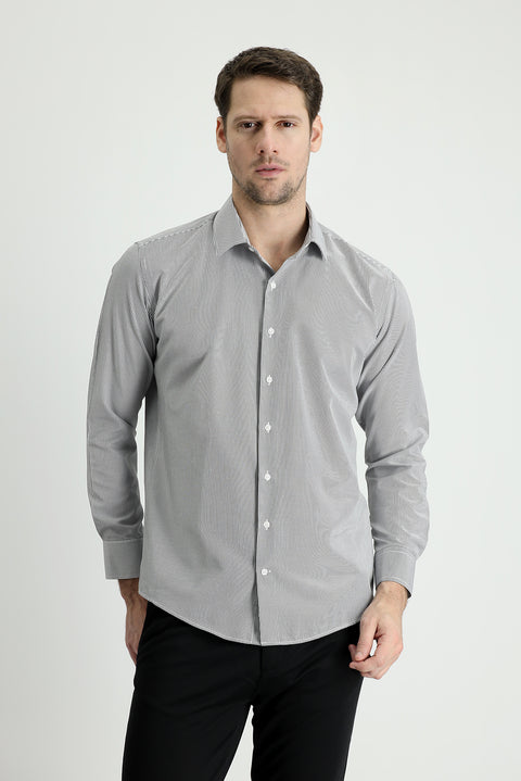 Black Long Sleeve Slim Fit Striped Cotton Easy-Iron Shirt