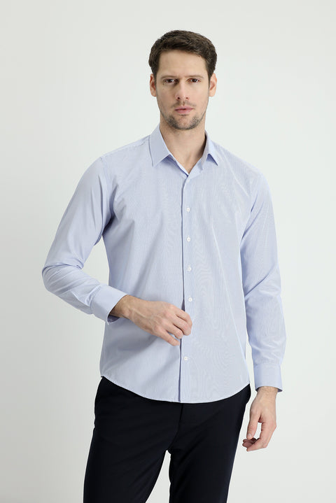 Light Blue Long Sleeve Slim Fit Striped Cotton Easy-Iron Shirt