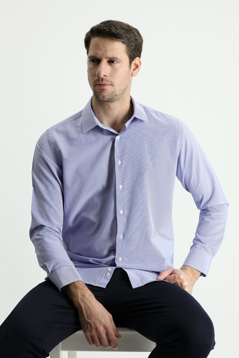 Saks Mavi Uzun Kol Slim Fit Dar Kesim Çizgili Pamuklu Kolay Ütülenebilir Gömlek