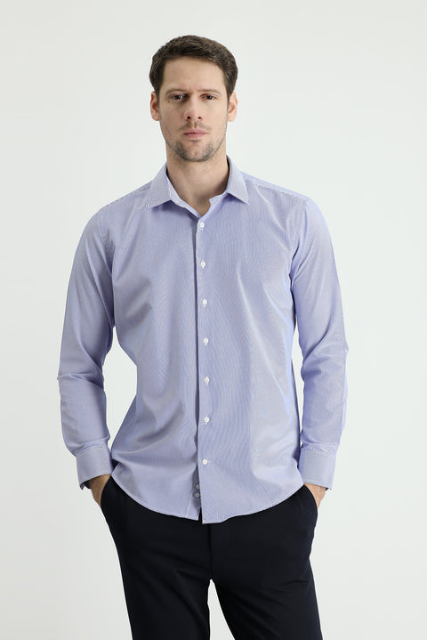 Saks Mavi Uzun Kol Slim Fit Dar Kesim Çizgili Pamuklu Kolay Ütülenebilir Gömlek