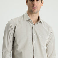 Medium Beige Long Sleeve Slim Fit Striped Cotton Easy-Iron Shirt