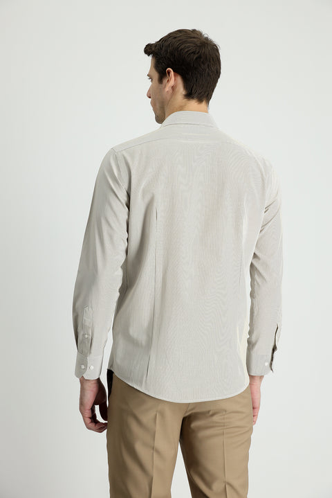 Medium Beige Long Sleeve Slim Fit Striped Cotton Easy-Iron Shirt