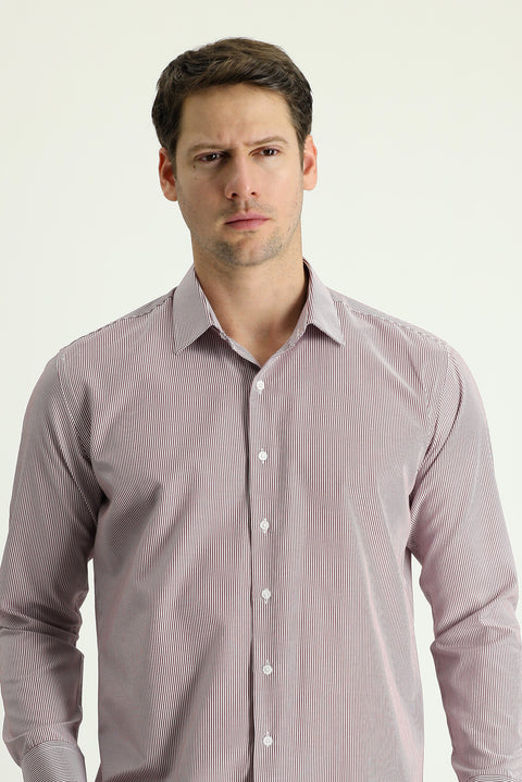Light Burgundy Long Sleeve Slim Fit Striped Cotton Easy-Iron Shirt