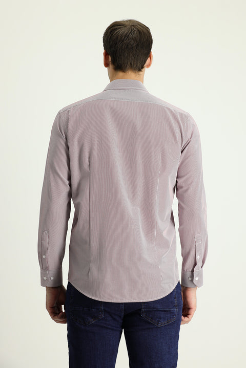 Light Burgundy Long Sleeve Slim Fit Striped Cotton Easy-Iron Shirt