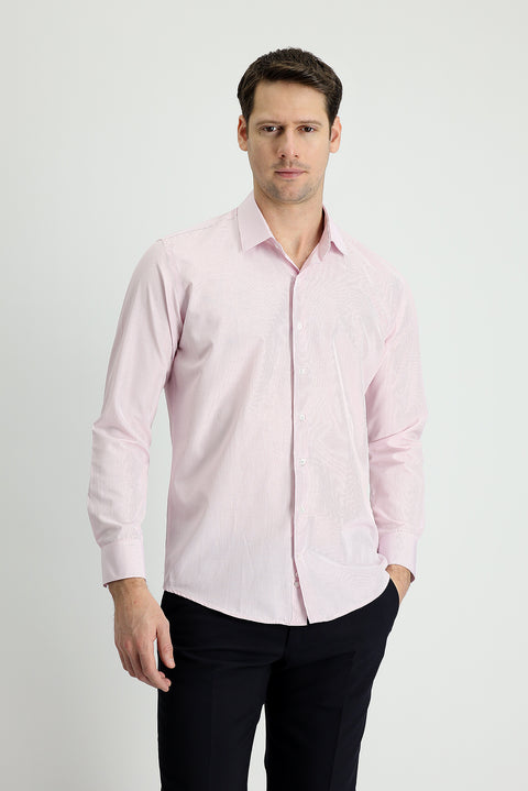 Toz Pembe Uzun Kol Slim Fit Dar Kesim Çizgili Pamuklu Kolay Ütülenebilir Gömlek