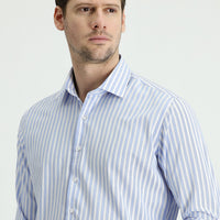 Dark Blue Long Sleeve Slim Fit Striped Cotton Easy-Iron Shirt