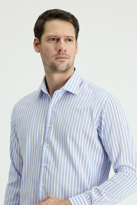 Dark Blue Long Sleeve Slim Fit Striped Cotton Easy-Iron Shirt