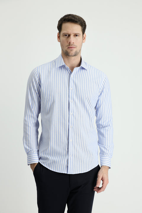 Dark Blue Long Sleeve Slim Fit Striped Cotton Easy-Iron Shirt