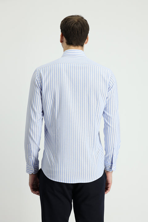 Dark Blue Long Sleeve Slim Fit Striped Cotton Easy-Iron Shirt