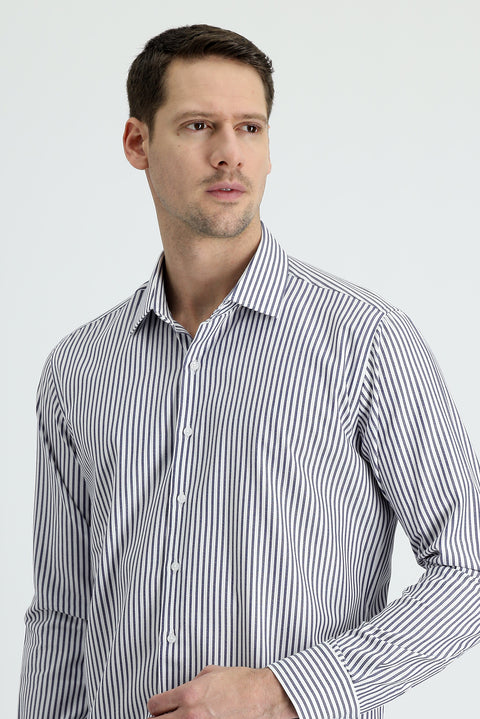 Dark Navy Long Sleeve Slim Fit Striped Shirt