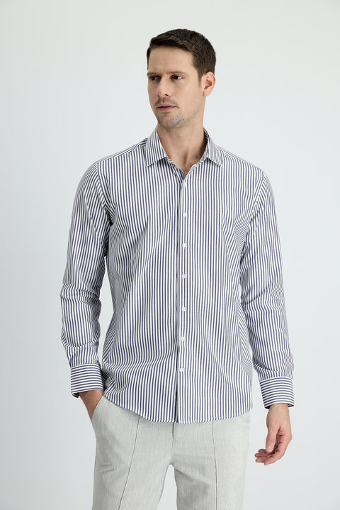 Dark Navy Long Sleeve Slim Fit Striped Shirt