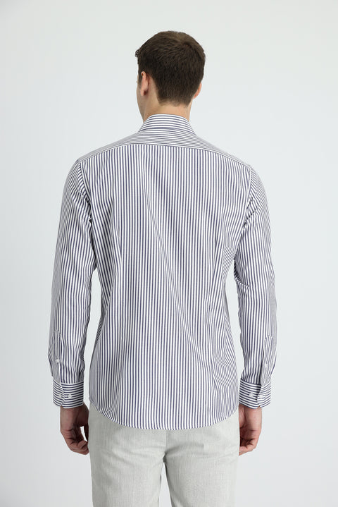Dark Navy Long Sleeve Slim Fit Striped Shirt