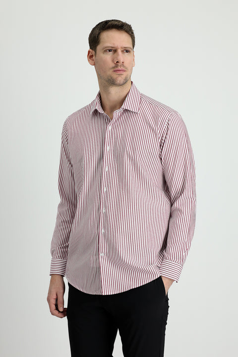 Light Burgundy Long Sleeve Slim Fit Striped Cotton Shirt