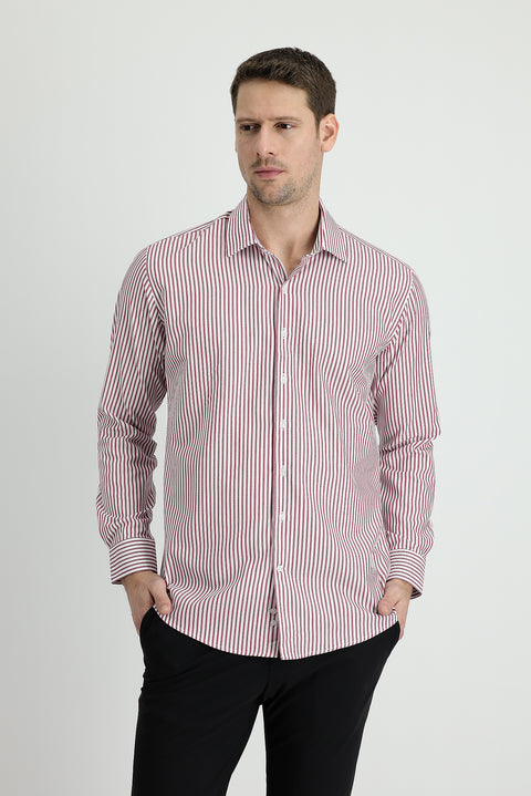 Light Burgundy Long Sleeve Slim Fit Striped Cotton Shirt