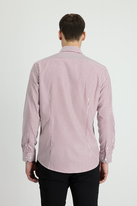 Light Burgundy Long Sleeve Slim Fit Striped Cotton Shirt