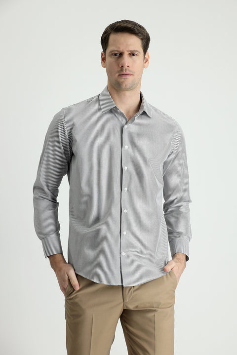 Black Long Sleeve Slim Fit Striped Cotton Easy-Iron Shirt