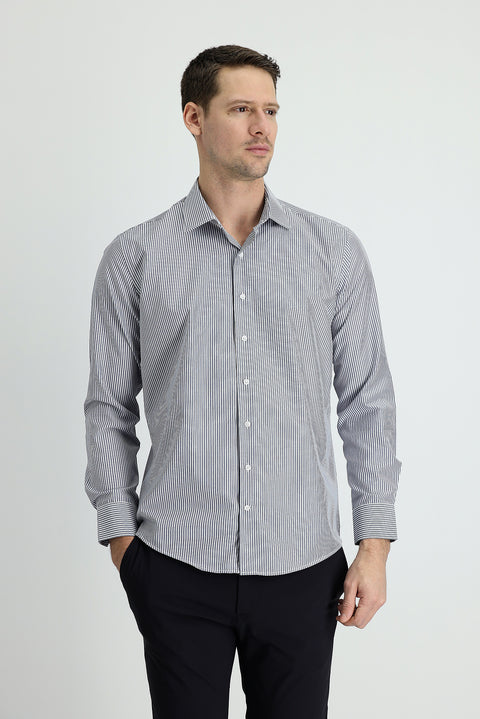 Medium Navy Long Sleeve Slim Fit Striped Cotton Easy-Iron Shirt
