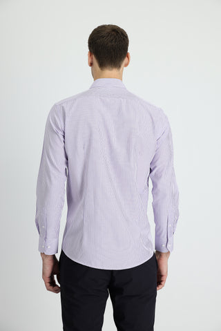  Lila Uzun Kol Slim Fit Dar Kesim Çizgili Kolay Ütülenebilir Gömlek