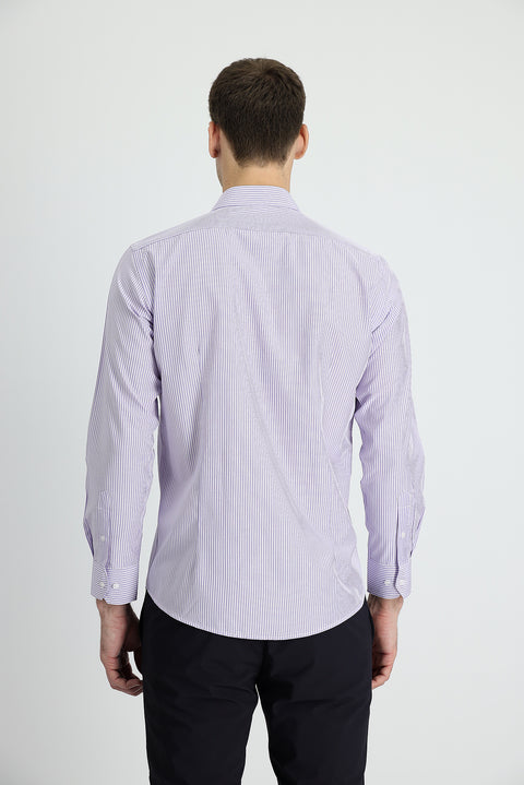 Lila Uzun Kol Slim Fit Dar Kesim Çizgili Pamuklu Kolay Ütülenebilir Gömlek