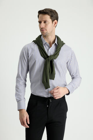  Orta Haki Uzun Kol Slim Fit Dar Kesim Çizgili Pamuklu Gömlek