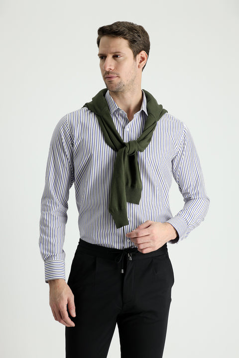Medium Khaki Long Sleeve Slim Fit Striped Cotton Shirt