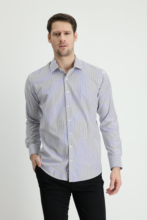 Medium Khaki Long Sleeve Slim Fit Striped Cotton Shirt