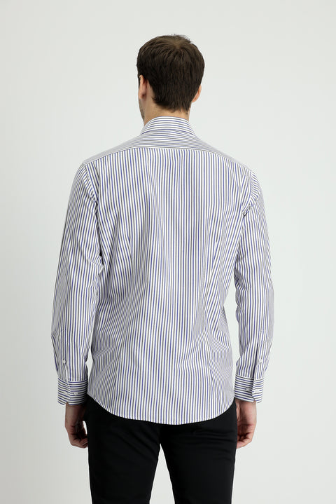Medium Khaki Long Sleeve Slim Fit Striped Cotton Shirt
