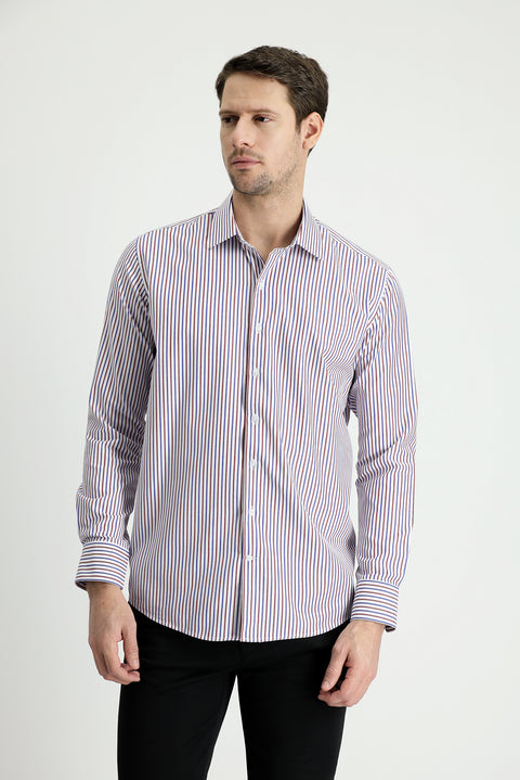 Dark Burgundy Long Sleeve Slim Fit Striped Shirt