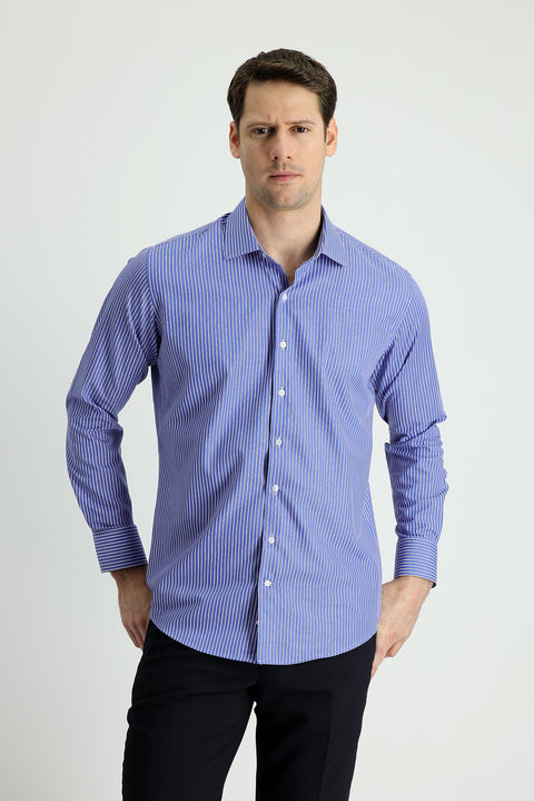 Dark Blue Long Sleeve Slim Fit Striped Shirt