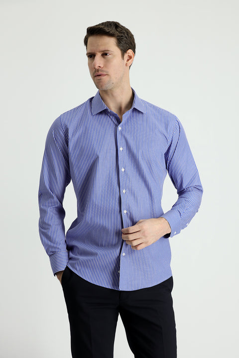 Dark Blue Long Sleeve Slim Fit Striped Shirt