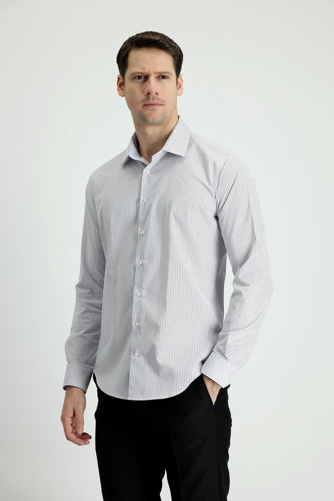 Medium Grey Long Sleeve Slim Fit Striped Cotton Shirt
