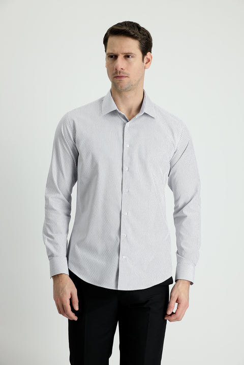 Medium Grey Long Sleeve Slim Fit Striped Cotton Shirt