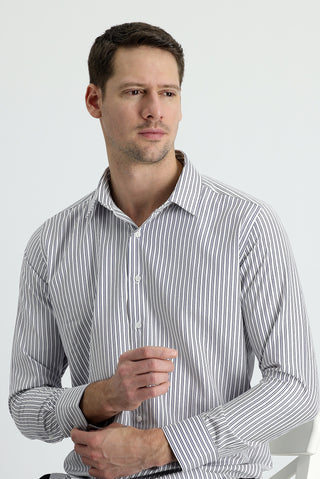  Koyu Lacivert Uzun Kol Slim Fit Dar Kesim Çizgili Pamuklu Gömlek