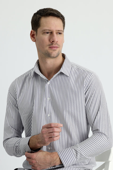 Dark Navy Long Sleeve Slim Fit Striped Cotton Shirt