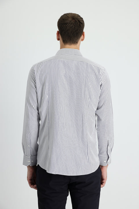Dark Navy Long Sleeve Slim Fit Striped Cotton Shirt