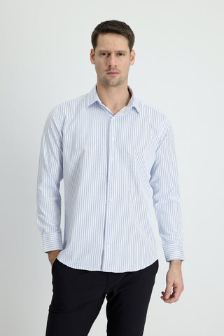  Açık Mavi Uzun Kol Slim Fit Dar Kesim Çizgili Pamuklu Gömlek