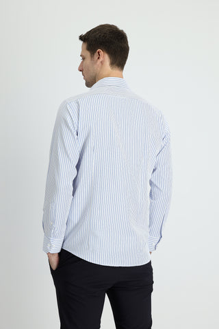  Açık Mavi Uzun Kol Slim Fit Dar Kesim Çizgili Pamuklu Gömlek