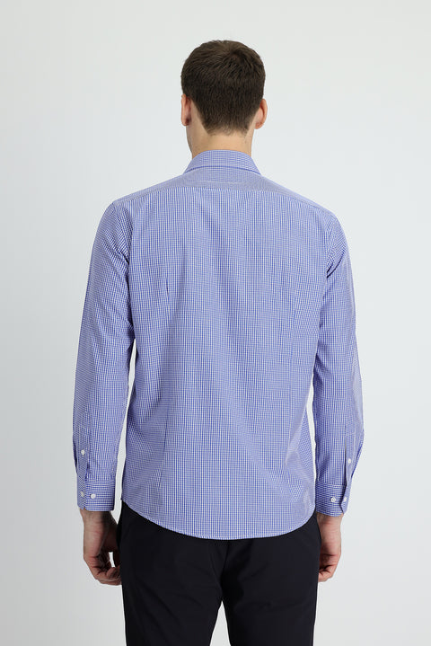 Medium Navy Long Sleeve Slim Fit Narrow Cut Plaid Cotton Easy-Iron Shirt