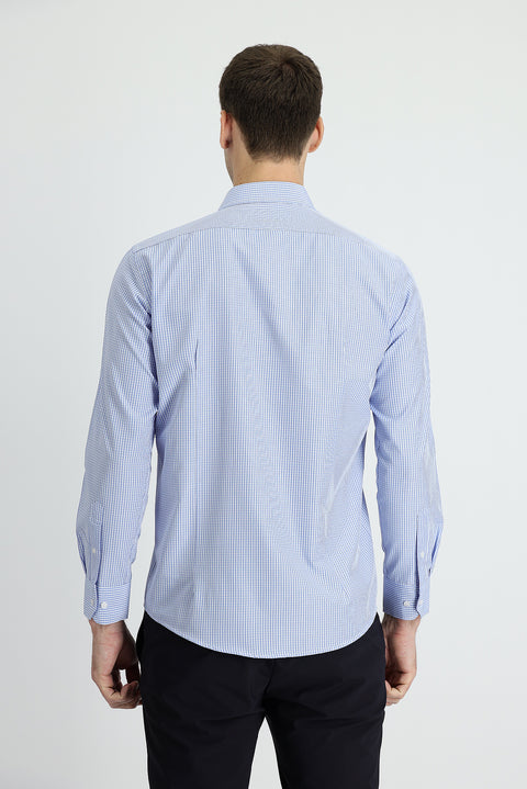 Blue Long Sleeve Slim Fit Narrow Cut Plaid Cotton Easy Iron Shirt