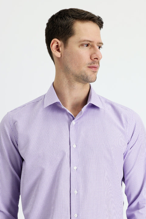 Lilac Long Sleeve Slim Fit Narrow Cut Plaid Cotton Easy Iron Shirt