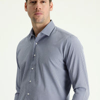 Light Navy Blue Long Sleeve Slim Fit Narrow Cut Patterned Cotton Shirt, Easy Iron