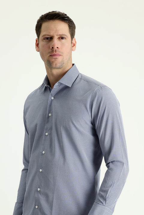 Light Navy Blue Long Sleeve Slim Fit Narrow Cut Patterned Cotton Shirt, Easy Iron