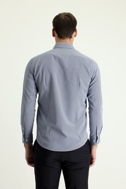 Light Navy Blue Long Sleeve Slim Fit Narrow Cut Patterned Cotton Shirt, Easy Iron